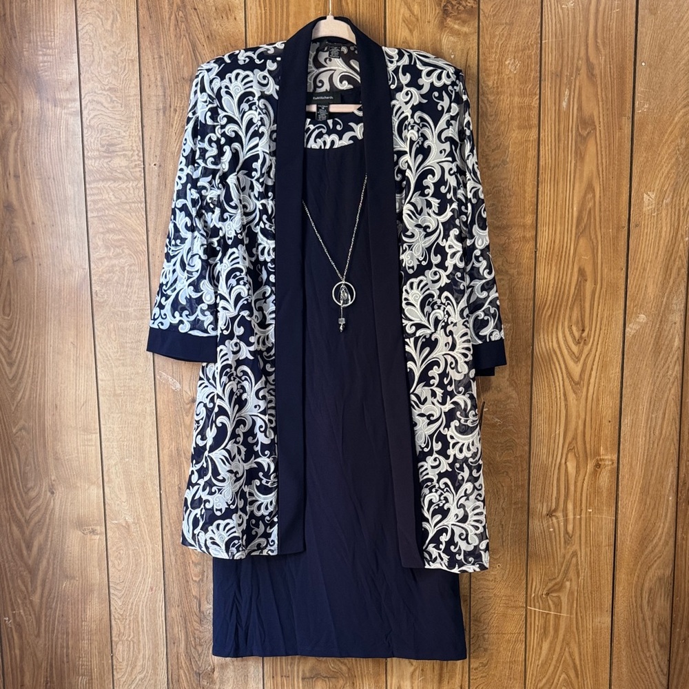 R&M Richards Navy and White Midi Dress with Jacket